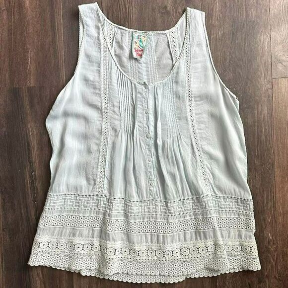 Johnny Was Lace Blouse Buttoning Sleeveless Baby Blue Boho Eyelet Tunic Top Lg - Picture 2 of 7